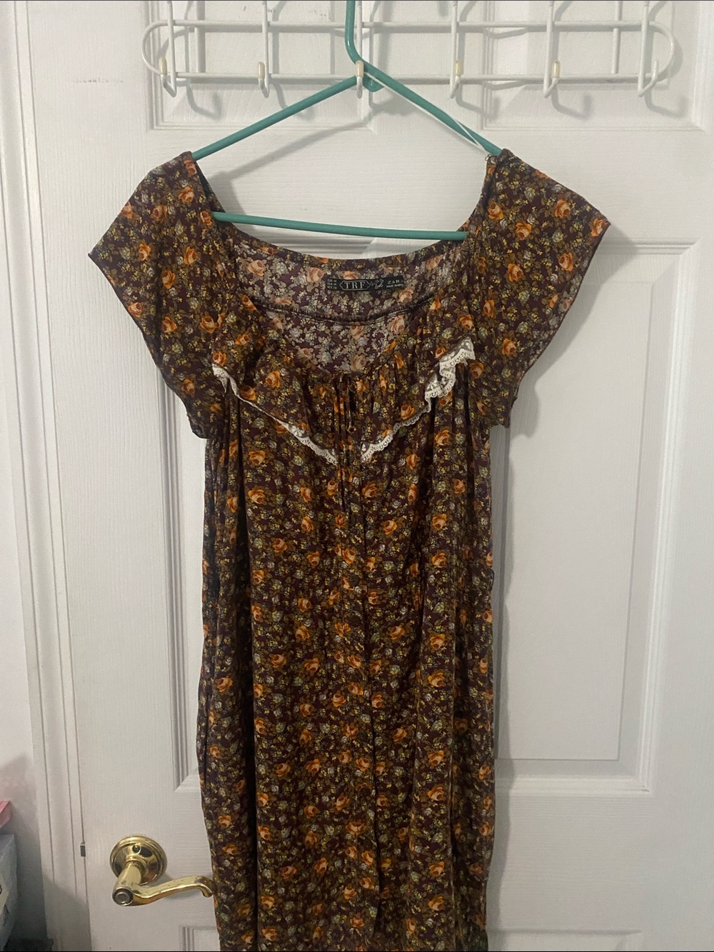 Zara Brown Floral Mini Sundress w Orange Accents ruffled scoop neck M ptp 19 - Picture 6 of 8